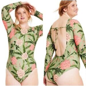 EUC Agua Bendita X Target Peony Print Long Sleeve One Pc Swimsuit XXL